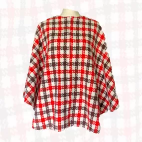 1960s Poncho in a Red and Brown Check Plaid. Perfect Jacket for Fall. English Countryside Bohemian.