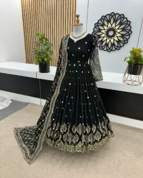 Black Georgette Heavy Sequenced Anarkali Gown With Dupatta Set 0f 2