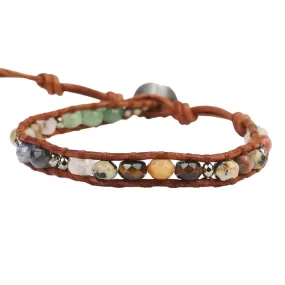 Chan Luu Single Wrap Bracelet with Multi Mix Stones and Silver on Brown Leather