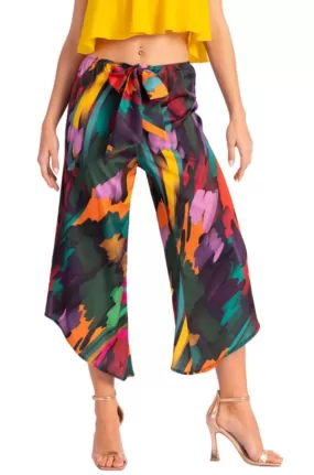 Colorful Waist Tie Asymmetric Cropped Tango Pants