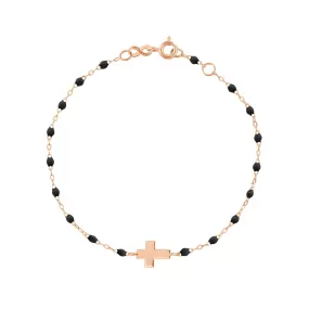 Cross Charm Classic Gigi Black bracelet, Rose Gold, 6.7"