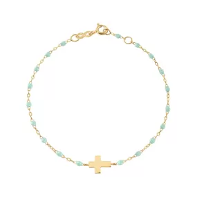 Cross Charm Classic Gigi Jade bracelet, Yellow Gold, 6.7"