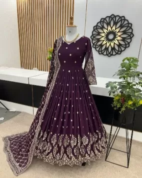 Dark Wine Faux Georgette Anarkali Gown With Dupatta Set Of 2