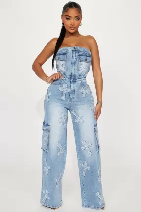 Never Cross Me Denim Jumpsuit - Light Wash