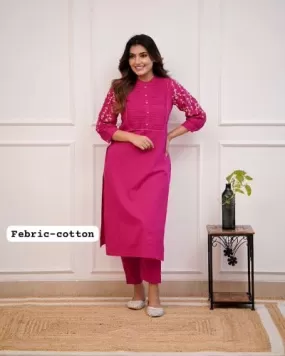 Pink Pintex Detailing Embroidered Cotton Kurti Pant Set Of 2