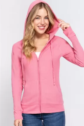 Pink Waffle Knit Drawstring Zip Up Long Sleeve Hoodie