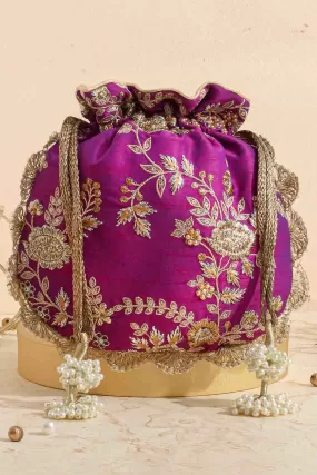 Purple embroidered scallop potli bag