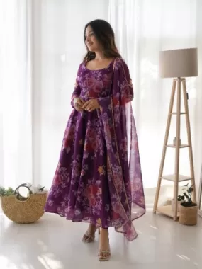 Purple Floral Soft Tabby Organza Silk Anarkali Suit Set