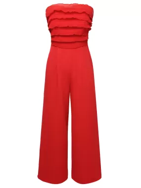 Red 1930s Solid Ruffles Tube Jumpsuit