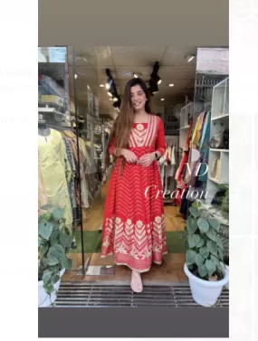 Red Bandhej Zari Mirror Embroidery Kurti Maxi Dress