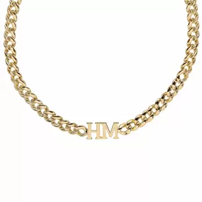 Solid Gold Two Intial Choker Necklace with Cuban Chain