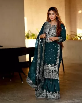 Teal Green Georgette Heavy Embroidered Gharara Suit Set