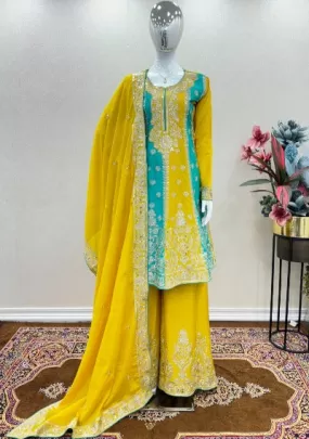 Yellow & Blue Chinon Silk Sequence Work Palazzo Suit Set